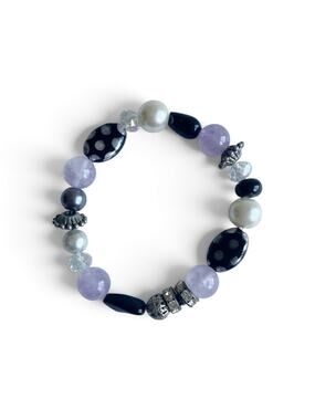 Handmade Beaded Stretch Bracelet Rhinestones Faux Pearls Purple Black Polka Dots